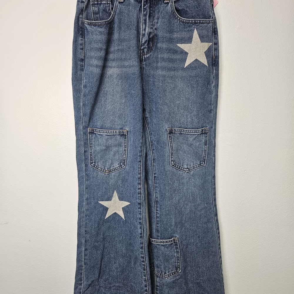 ROMWE Blue Star Accent Wide Leg Jeans
